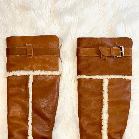 Michael Kors Casey Over The Knee Boots Leather Shearling Lined Buckle Heeled - Picture 7 of 14